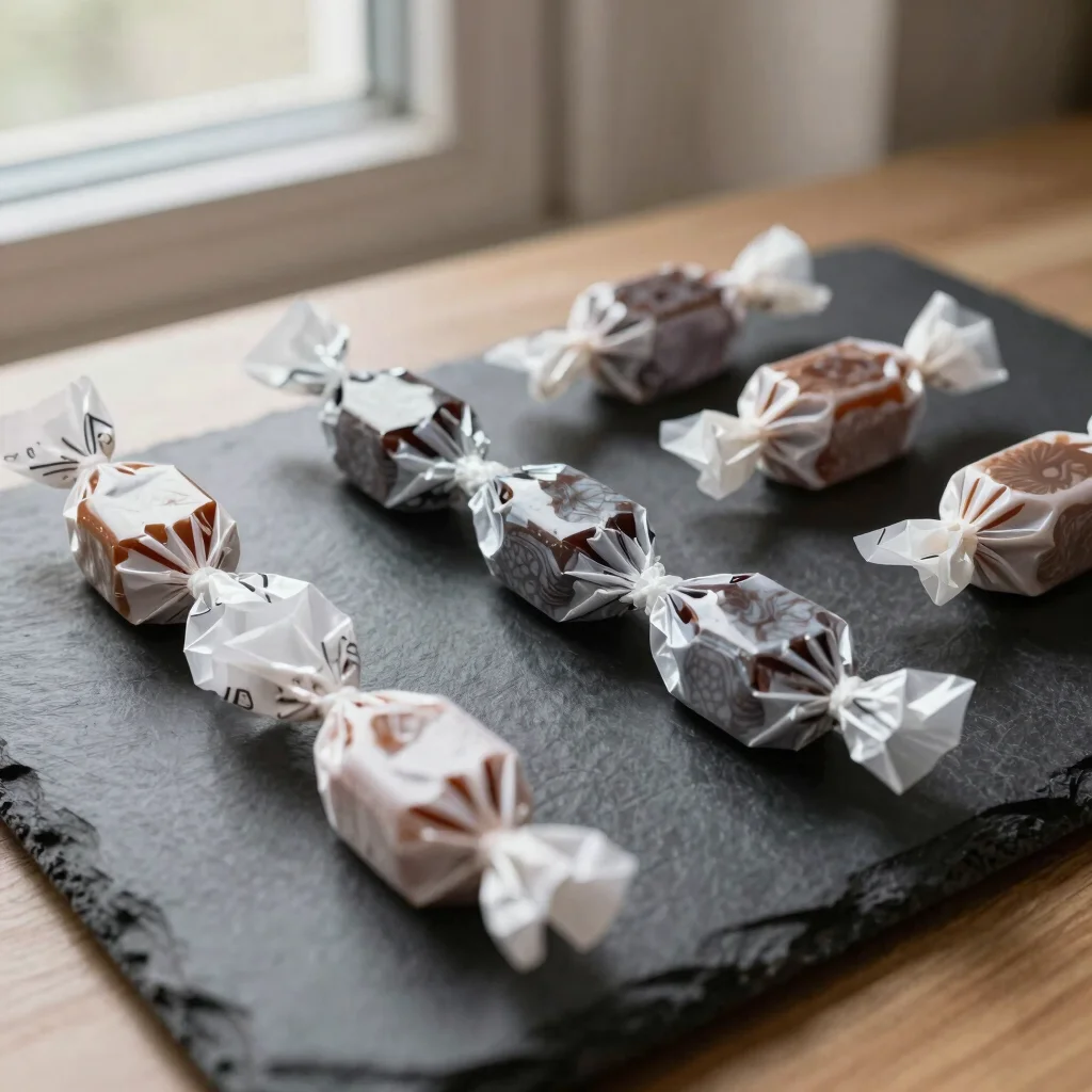 Overhead view of several wax-paper wrapped candies arranged on a