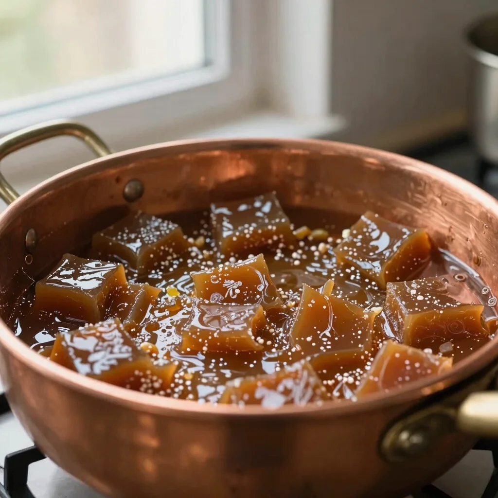 Copper mixing pan filled with cooling nougat, natural kitchen amb
