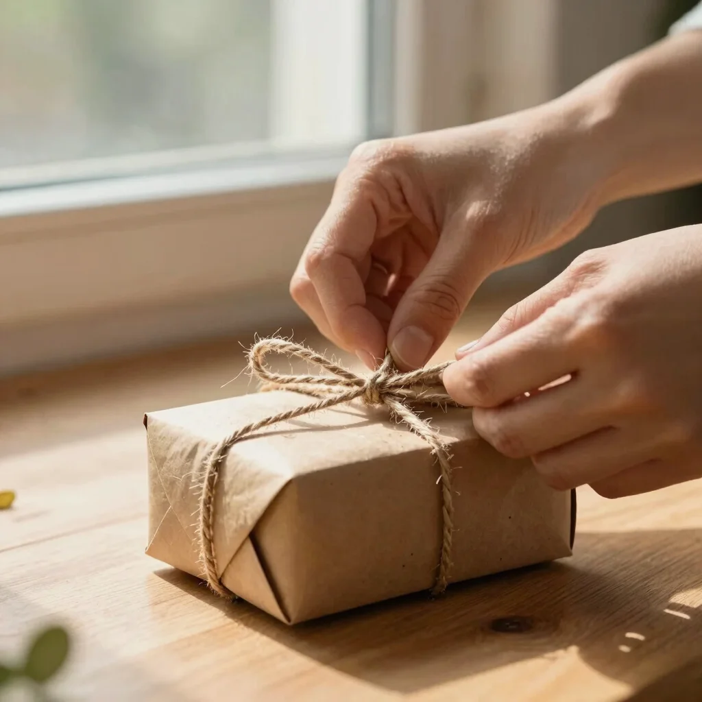 Hands gently tying rustic twine around a small 8oz gift box, pack