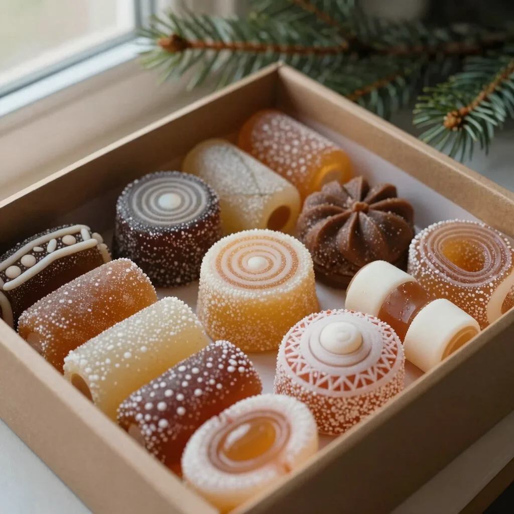 Top-down composition of assorted handmade candies in a 1lb gift b