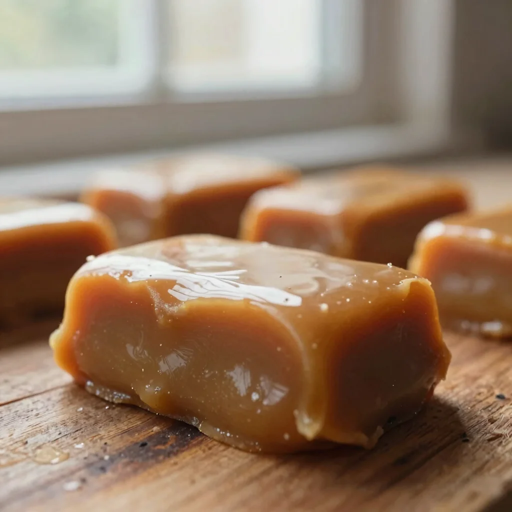 Macro close-up of a single-batch caramel, rich golden color, shal